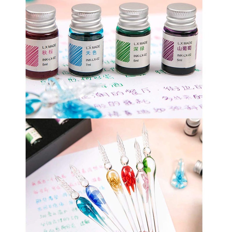 SIPLIV Crystal Glass Intarsia Dip Pen Fountain Pen Kit Vintage Calligraphy Signatures Pen with 4 Colors Ink, Pen Holder, Cleaning Cup, Yellow - Image 4